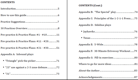 table of contents for basketball practice plans.
